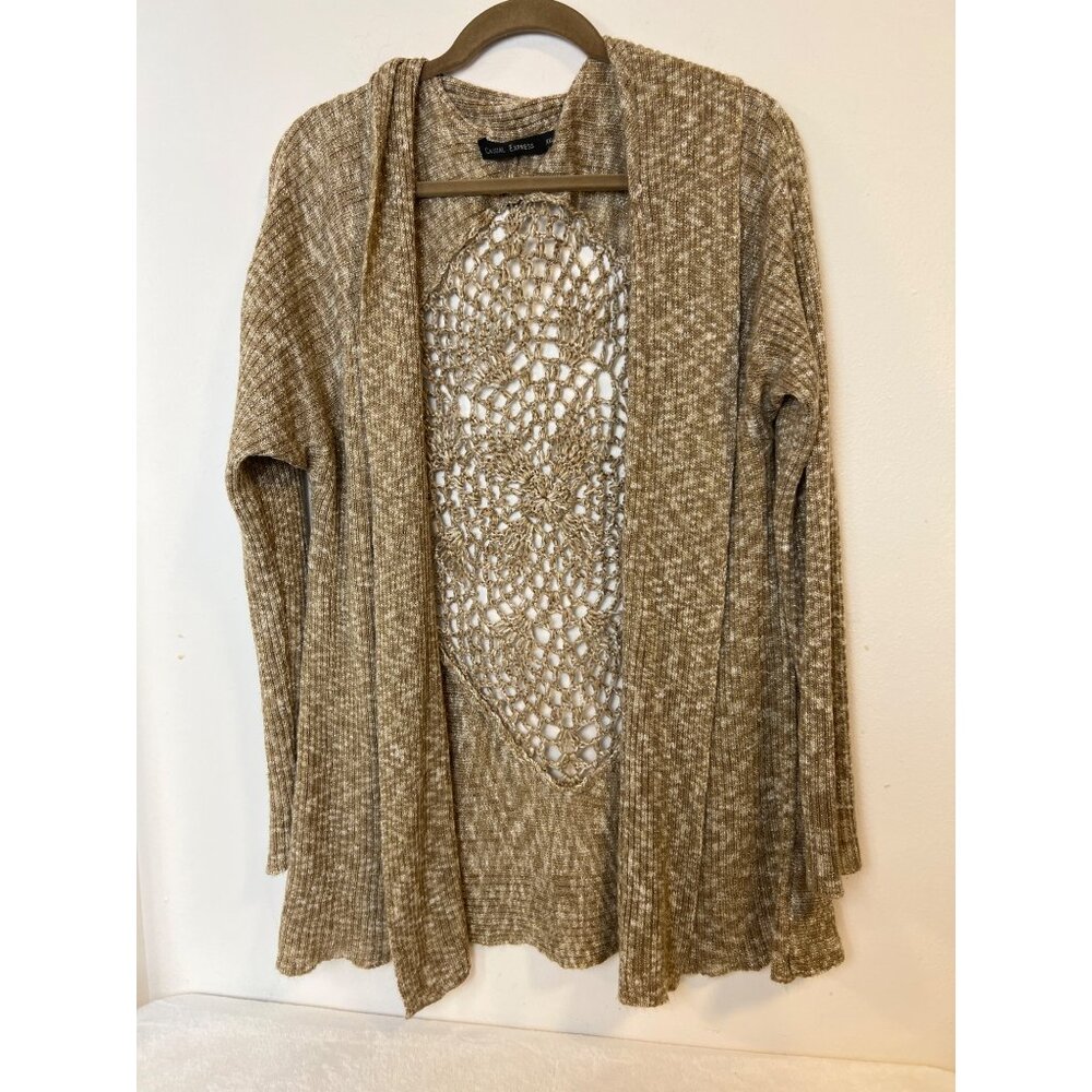 Open-Front Crochet-Back Cardigan Sweater - Taupe
